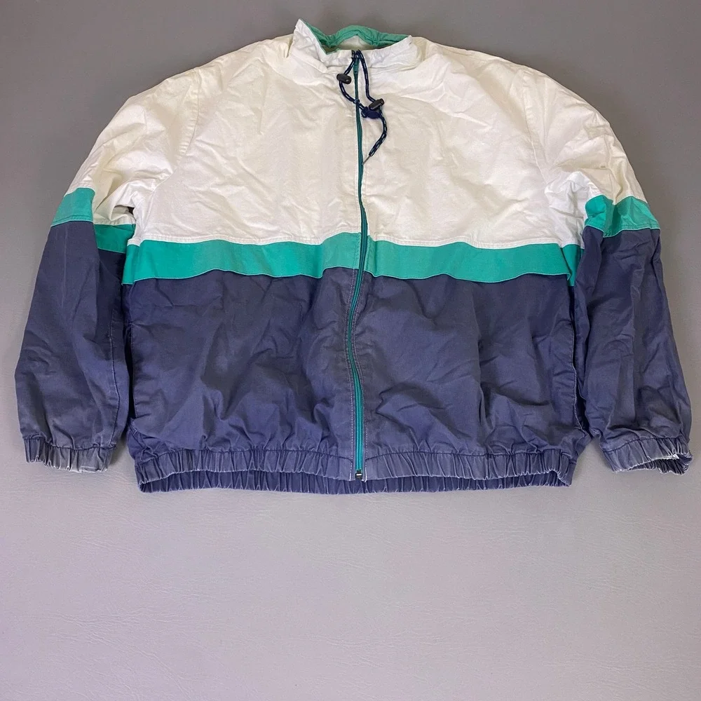 Vintage Holloway Windbreaker Jacket XL Colorblock White Teal Navy Blue USA *Wear